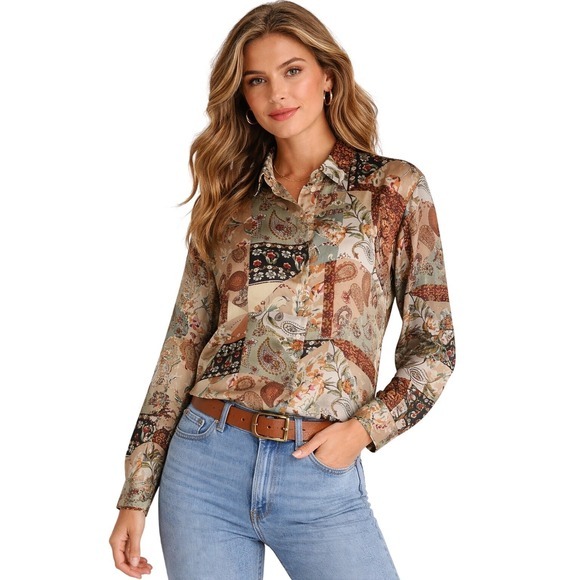 Zara Tops - ZARA Patchwork Paisley Print Button Down Shirt Long‎ Sleeve L Fairycore 54-10